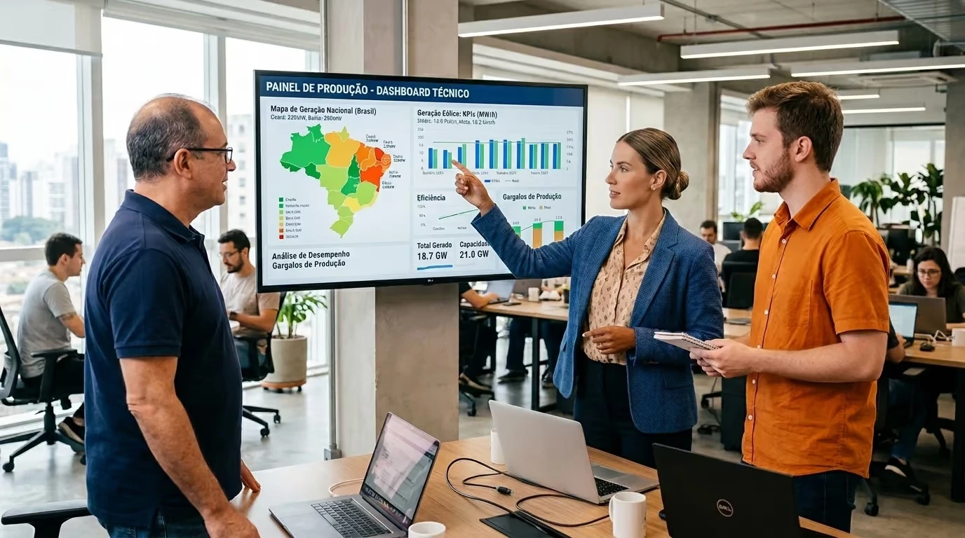 Equipe analisando indicadores técnicos e comerciais do setor de energia